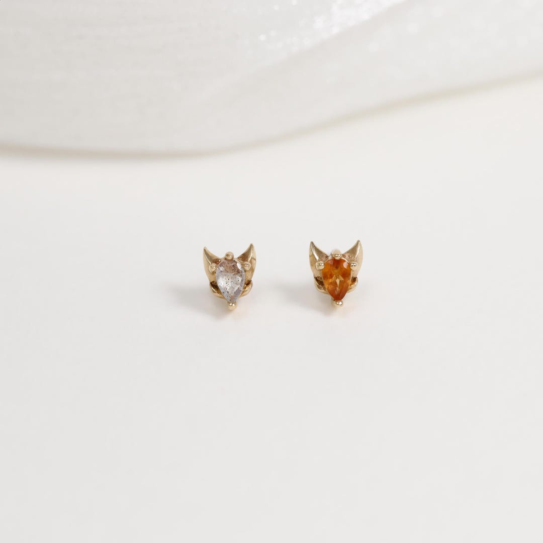 14K Solid Gold Labradorite Fox Helix Stud Earring/ Fanta Orange Garnet ...