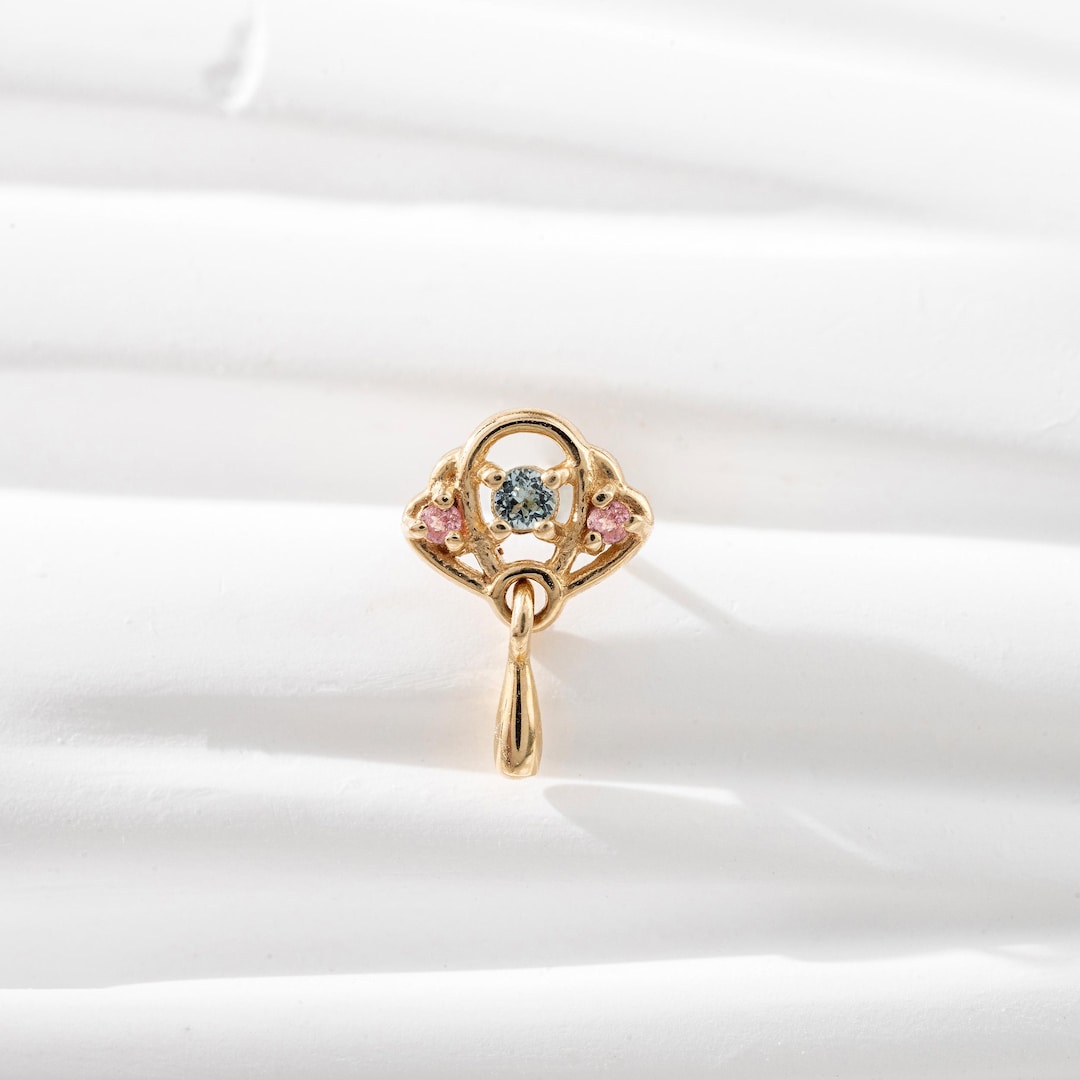 14k Solid Gold Swiss Blue Topaz Clouds Earring/pink Tourmaline Dangle Drop/flat Back Stud/threadless Push Pin Labret /conch Helix Stud - Etsy