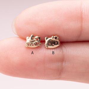 14K Solid Gold Garnet Kitty Stud Earring/Garnet Cartilage Piercing/Helix Conch Earring/Flat Back Earring/Labret Stud/Threadless Nose Stud