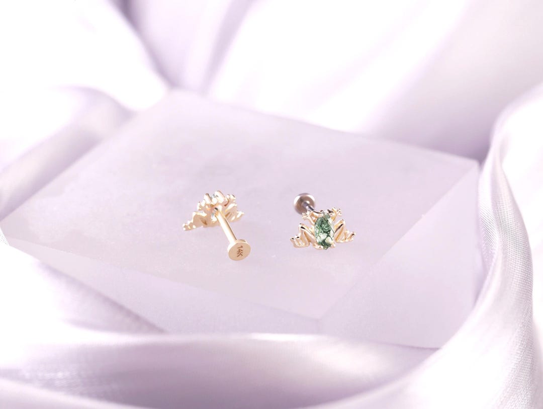14K Solid Gold Moss Agate Frog Gemstone Ends/cartilage Piercing/animal Earring/flat Back Earring/tragus Helix/conch Stud/green Gemstone Stud - Etsy Japan