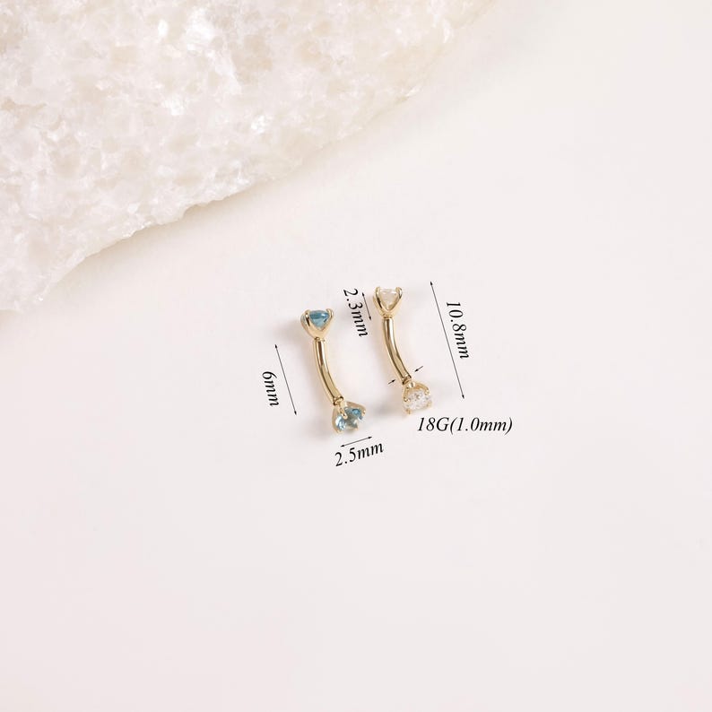 14K Solid Gold Moissanite Rook Curved Barbell, Dainty London Blue Topaz Eyebrow Ring, Minimalist Rook Internally Threaded Piercing Jewelry image 8