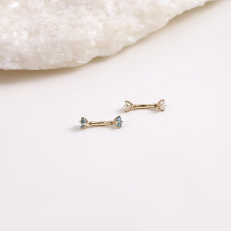 14K Solid Gold Moissanite Rook Curved Barbell, Dainty London Blue Topaz Eyebrow Ring, Minimalist Rook Internally Threaded Piercing Jewelry image 5