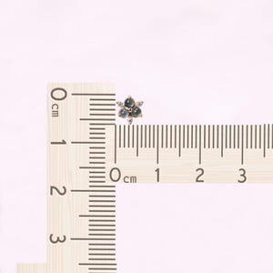 Puede incluir: Un peque&ntilde;o pendiente de oro en forma de flor con cinco piedras preciosas azules y peque&ntilde;as piedras preciosas transparentes alrededor de los bordes. El pendiente se mide con una regla, mostrando que tiene un di&aacute;metro inferior a 1 cm.