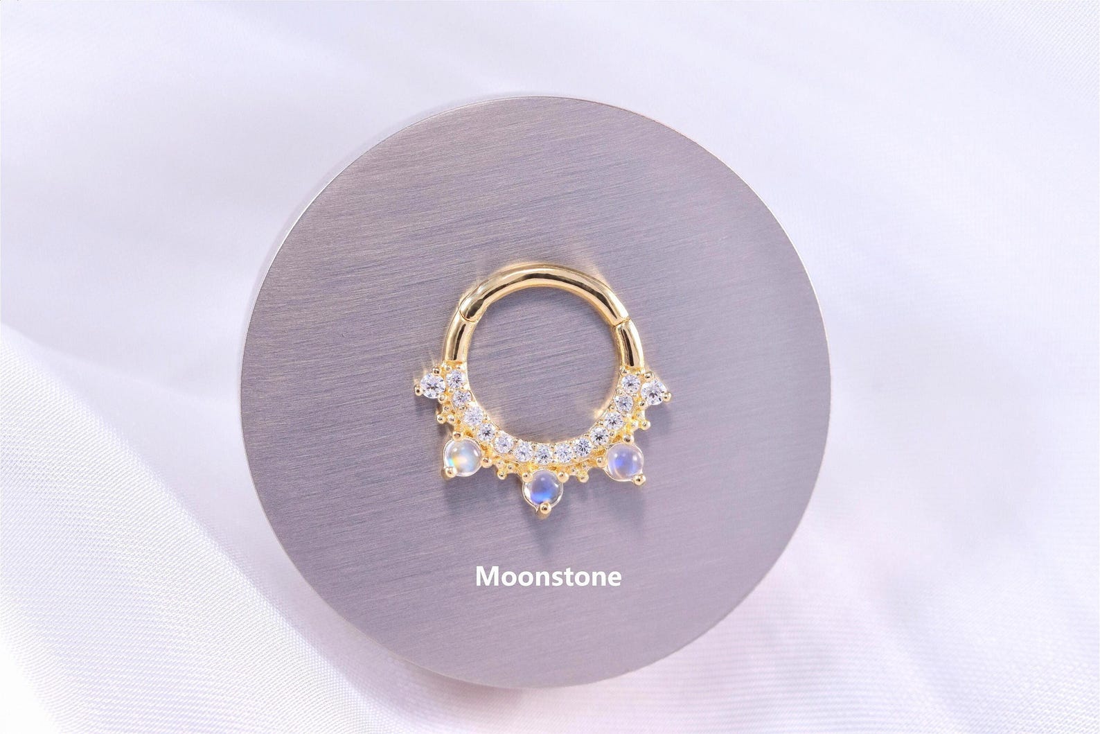14K Solid Gold Moonstone Septum Ring, Moissanite Daith Hoop