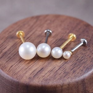 Orecchino a bottone con perla in oro massiccio 14K/Orecchino a bottone con perla d'acqua dolce/Orecchino con parte posteriore piatta/Orecchino a bottone con elica, conchiglia, cartilagine e perla autentica/Orecchino a bottone senza filettatura