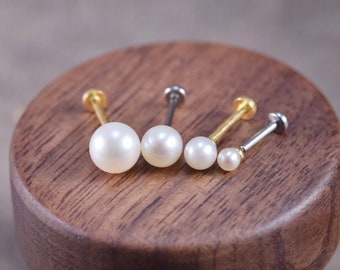 14K Solid Gold Pearl Stud Earring/ Freshwater Pearl Stud/Flat Back Earring/Helix Conch Cartilage Genuine Pearl Stud/Threadless Push Pin Stud