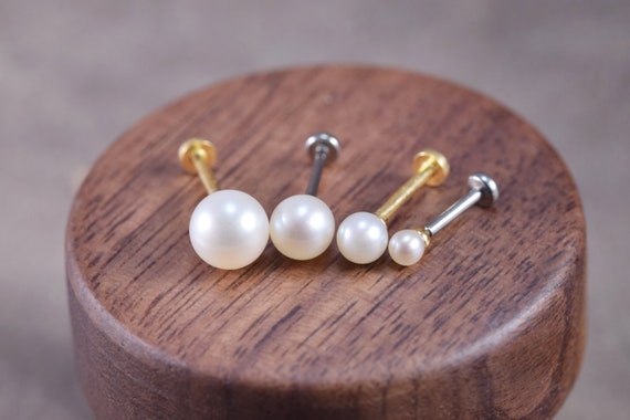 14K Solid Gold Pearl Stud Earring/ Freshwater Pearl Stud/Flat Back Earring/Helix Conch Cartilage Genuine Pearl Stud/Threadless Push Pin Stud