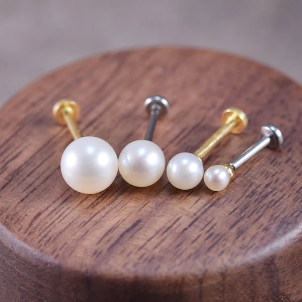 14K Solid Gold Pearl Stud Earring/ Freshwater Pearl Stud/Flat Back Earring/Helix Conch Cartilage Genuine Pearl Stud/Threadless Push Pin Stud