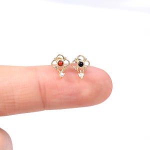 14K Solid Gold Clover Dangle Earring/Red Agate Black Onyx Moissanite Floral Stud/Threadless Cartilage Piercing/Helix Flat Back Earring