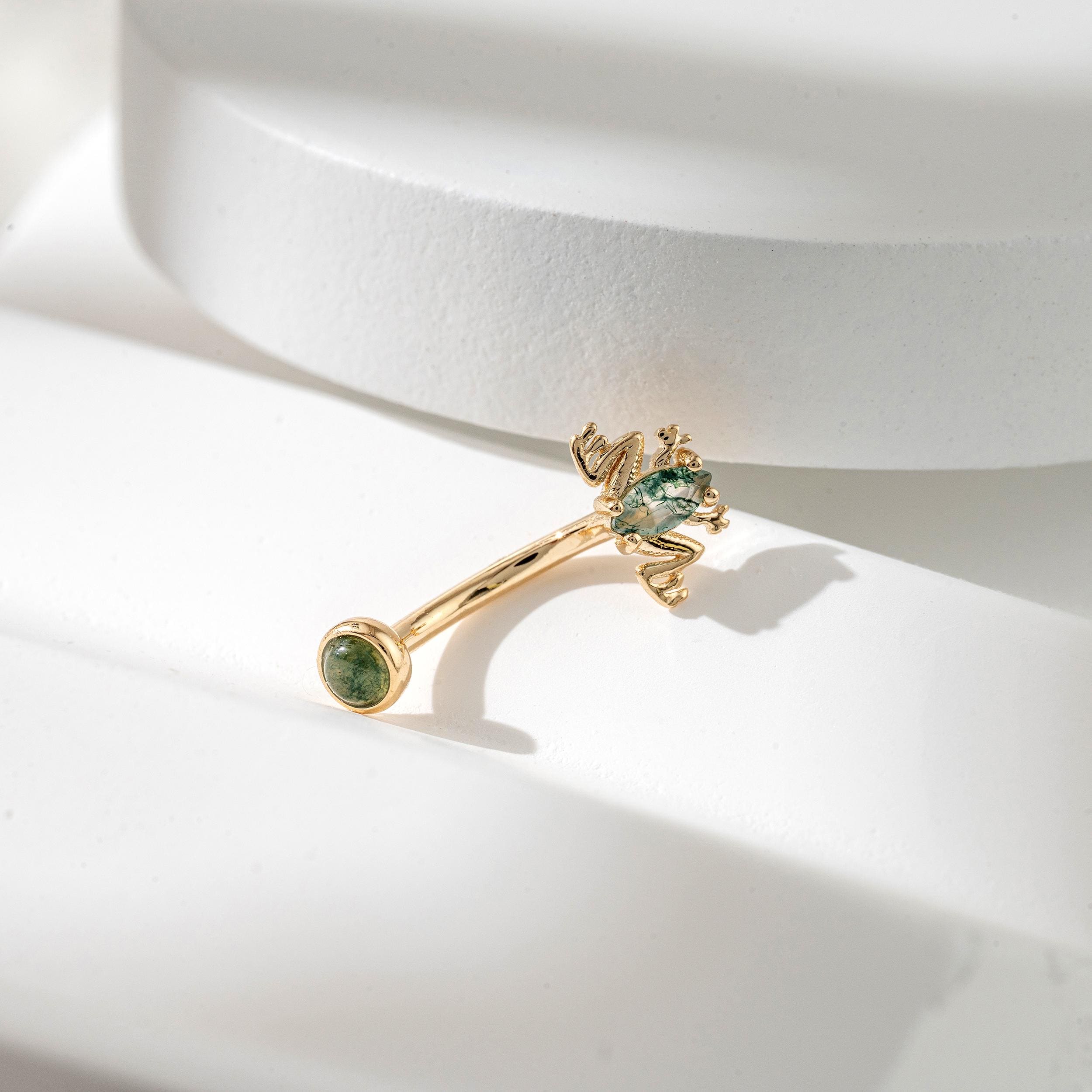 14k Solid Gold Moss Agate Frog Internally Threaded Belly Button Ring Curved Barbell Earring Eyebrow Ring Rook Snug Body Navel Piercing 16g