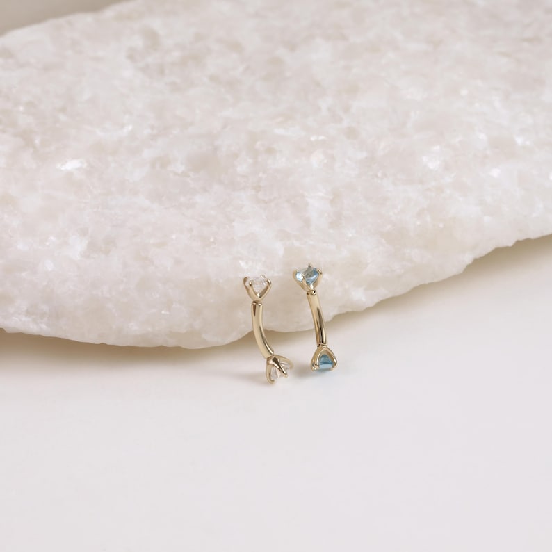 14K Solid Gold Moissanite Rook Curved Barbell, Dainty London Blue Topaz Eyebrow Ring, Minimalist Rook Internally Threaded Piercing Jewelry image 6
