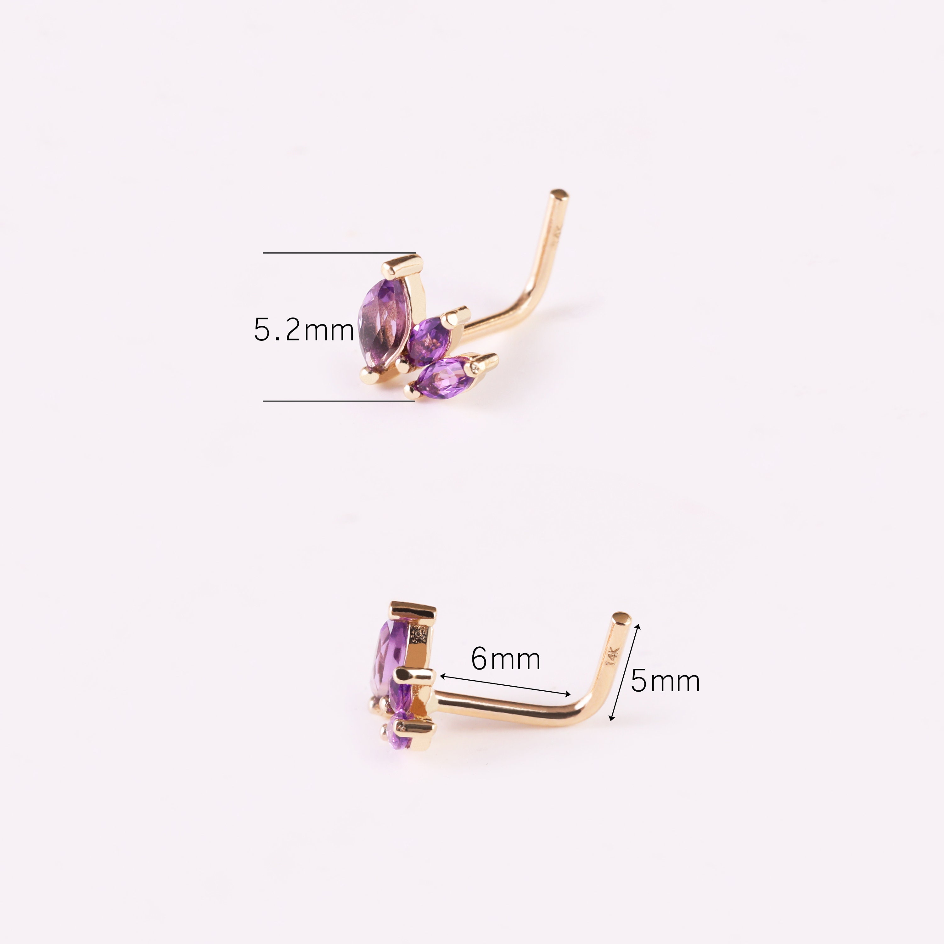 14K Solid Gold Amethyst L Shaped Nose Stud/amethyst Climber Nose Stud/l