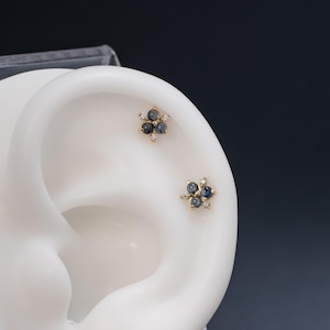 Puede incluir: Un par de pendientes de oro con un grupo de piedras preciosas azules y peque&ntilde;os diamantes en forma de flor.