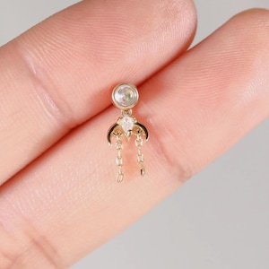 14k Solid Gold Moonstone Dangle Earring/Moissanite Piercing Stud/Gold Cartilage Chain Stud/Threadless Conch Helix Earring/Flat Back Earring