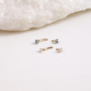 14K Solid Gold Moissanite Rook Curved Barbell, Dainty London Blue Topaz Eyebrow Ring, Minimalist Rook Internally Threaded Piercing Jewelry image 7