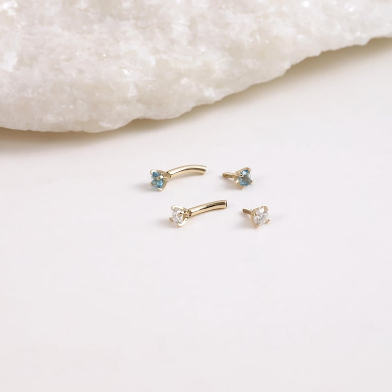 14K Solid Gold Moissanite Rook Curved Barbell, Dainty London Blue Topaz Eyebrow Ring, Minimalist Rook Internally Threaded Piercing Jewelry image 7