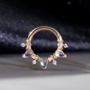 14K Solid Gold White Topaz Septum Hoop Clicker/Moonstone Septum Ring/Cartilage Hoop Clicker/Moissanite Nose Ring/Daith Huggie Ring 16g