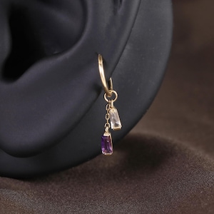 14K Solid Gold Amethyst Dangle Chain Charm/White Topaz Hoop Clicker Charm/Gold Rook Hoop Charm/Helix Conch Hoop Charm/Gift For Her