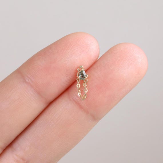 14K Solid Gold Moss Agate Drop Earring Delicate Gemstone Chain Stud Helix Cartilage Labret Piercing Threadless Push Pin Flat Back Stud
