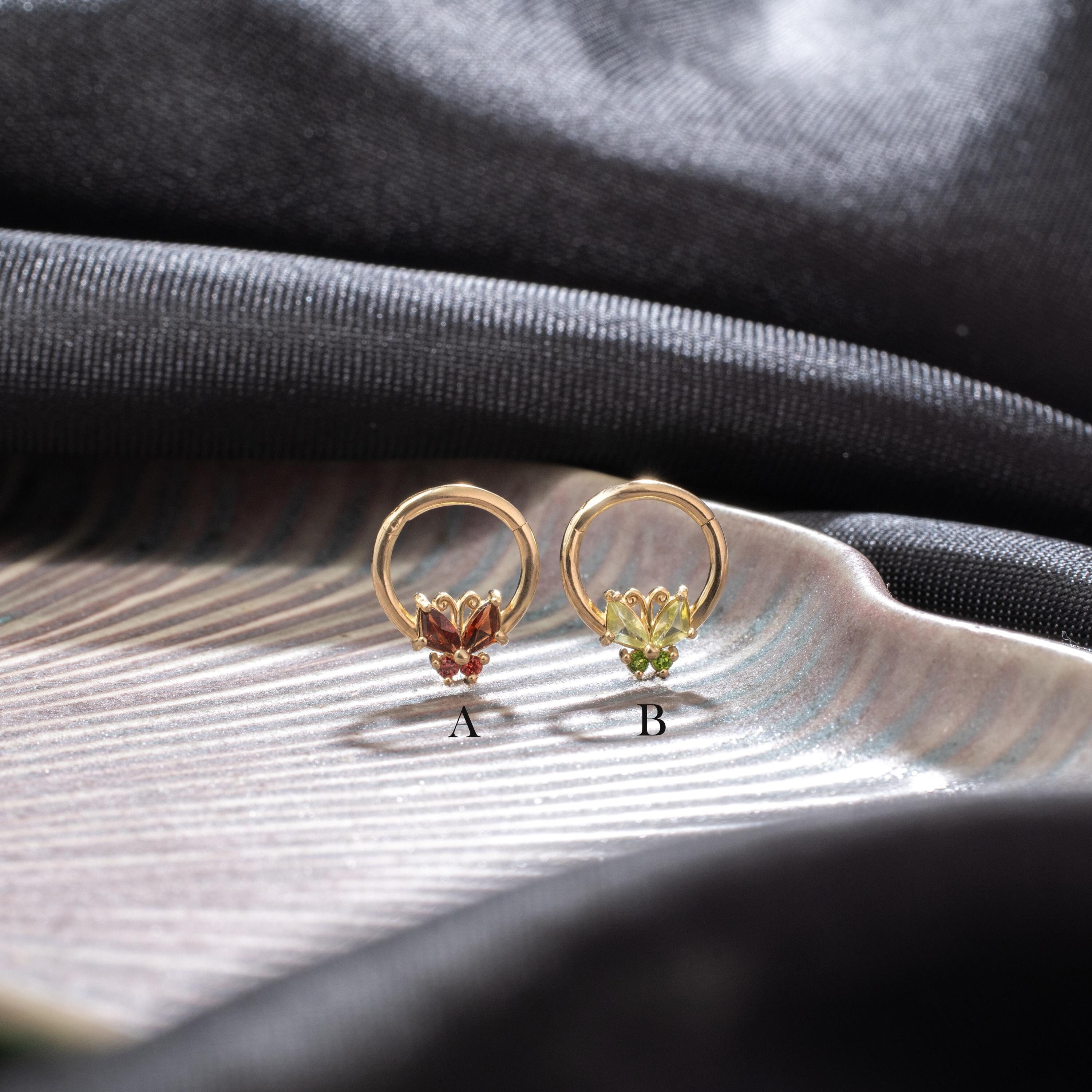 14K Solid Gold Butterfly Garnet Septum Hoop Ring Peridot Clicker Orange Sapphire Diopside Daith Hoop Ring Gemstone Daith Earring Nose Ring