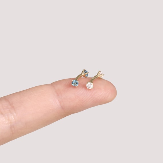 14K Solid Gold Moissanite Rook Curved Barbell, Dainty London Blue Topaz Eyebrow Ring, Minimalist Rook Internally Threaded Piercing Jewelry