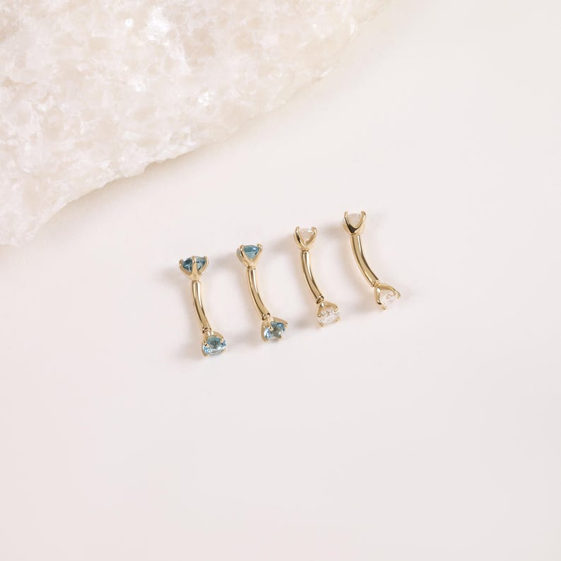 14K Solid Gold Moissanite Rook Curved Barbell, Dainty London Blue Topaz Eyebrow Ring, Minimalist Rook Internally Threaded Piercing Jewelry image 4