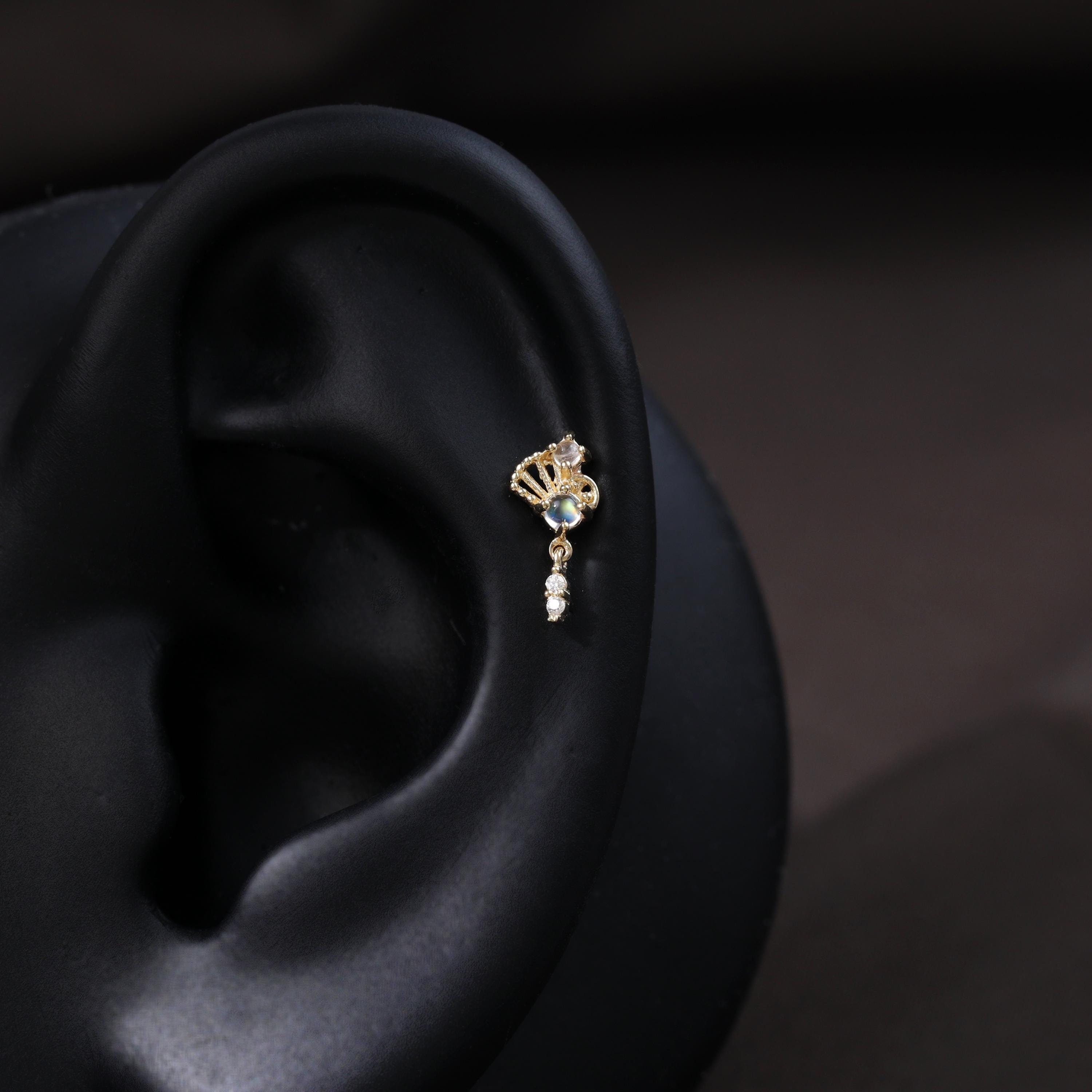 14K Solid Gold Moonstone Earring/Dangle Moissanite Piercing/Cartilage Drop Stud/Threadless Push Pin/Conch Helix Earring/Flat Push Back