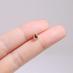 14K Solid Gold Teardrop Garnet Stud/Pear Cartilage Helix Earring/Conch Tragus Labret Piercing/Threadless Earlobe Stud/Flat Back Earring