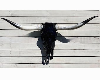 Glass Mosaic Texas longhorn Art Sculpture - Wall Hanging boho chic Art for home crystal bling skull - Made in USA (44-48" Wide) Jet Black