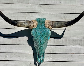 Turquoise Glass Cow Skull Wall Art: 30-36" Wide Home gift western skull Decor for wall covering cool DISABLED VETERAN
