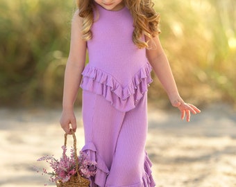 Just Being Cute Lilac Ruffle Pants Set