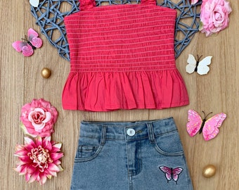 Fluttering On Fields Denim Short Set