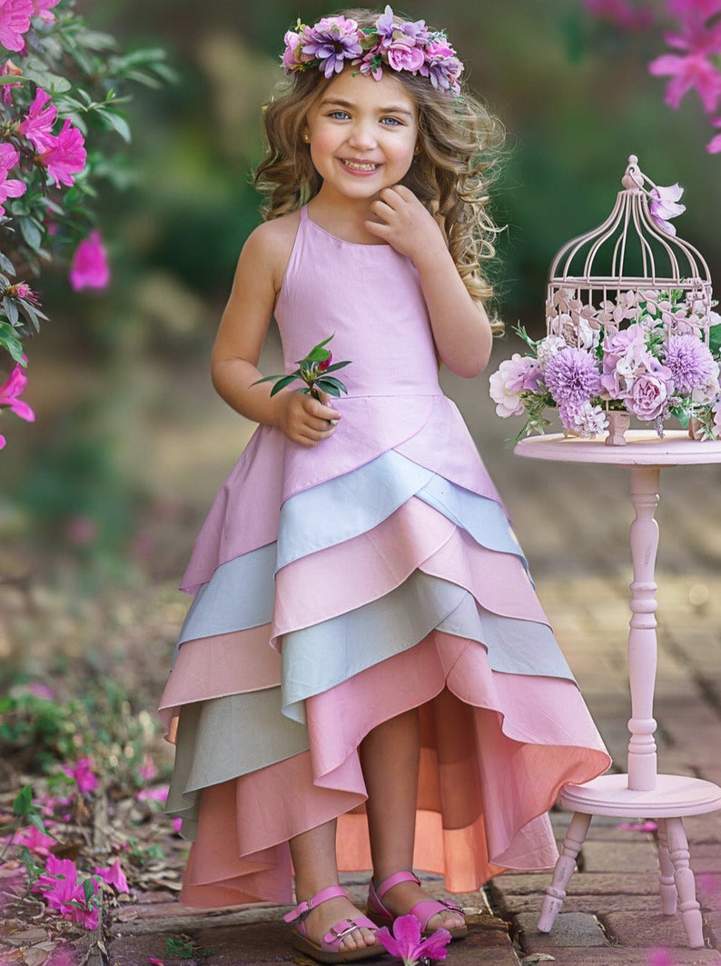 Toddler Spring Dresses | Girls Pastel Rainbow Tiered Hi-Lo Dress