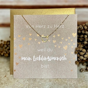 Von Herz zu Herz, zarte Kette mit starker Botschaft, dünne Halskette mit Herz, vergoldet, Lieblingsmensch, Schmuckkarte mit Herzanhänger