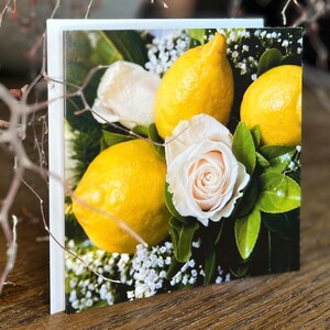 Sags mit Zitronen, Hochzeitskarte, Einladungskarten, Glückwunschkarte, Karte Jubiläum, Hochzeitsdeko mit Zitrone, Schleierkraut, Dankeskarte