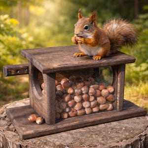 May include: A wooden squirrel feeder filled with nuts, with a squirrel perched on top eating a nut. The feeder is brown and sits on a tree stump, with a natural background of green foliage.