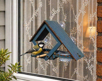 Fenster-Vogelfutterhaus mit Wasserbecher, Saugnapf-Vogelfutterhaus, modernes Holz-Vogelfutterhaus, Acryl-Fensterfutter, Geschenk für Vogelliebhaber