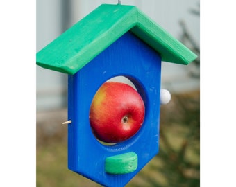 Alimentador de pássaros artesanal de madeira – Casinha azul e verde com suporte para maçãs – Decoração de jardim