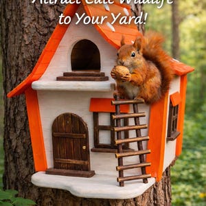 Könnte beinhalten: Ein charmantes Eichhörnchenhaus mit orangefarbenem Dach und Verzierungen, an einem Baum befestigt. Ein Eichhörnchen sitzt auf dem Haus und hält eine Nuss. Der Text "Charming Squirrel House" und "Attract Cute Wildlife to Your Yard!" ist sichtbar.