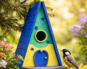 Colorful Wooden Birdhouse for Outdoor Garden – Hand Painted Hanging Bird House – Unique Backyard Decor