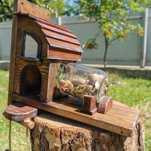 Squirrel feeder, Wooden squirrel feeder, Jug feeder, Chipmunk feeder, Garden Decore, Funny Squirrel Feeder