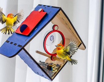 Mangeoire pour oiseaux avec fenêtre à ventouse - Contreplaqué peint, style bunker