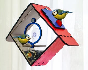 Mangeoire pour oiseaux avec fenêtre en bois - Mangeoire pour bunker à ventouse