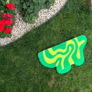 Green Yellow Neon Wavy Tufted Rug | Irregular Colorful Floor Mat | Cute Room Decore | Aesthetic Accent Rug | Small Bedroom Rug