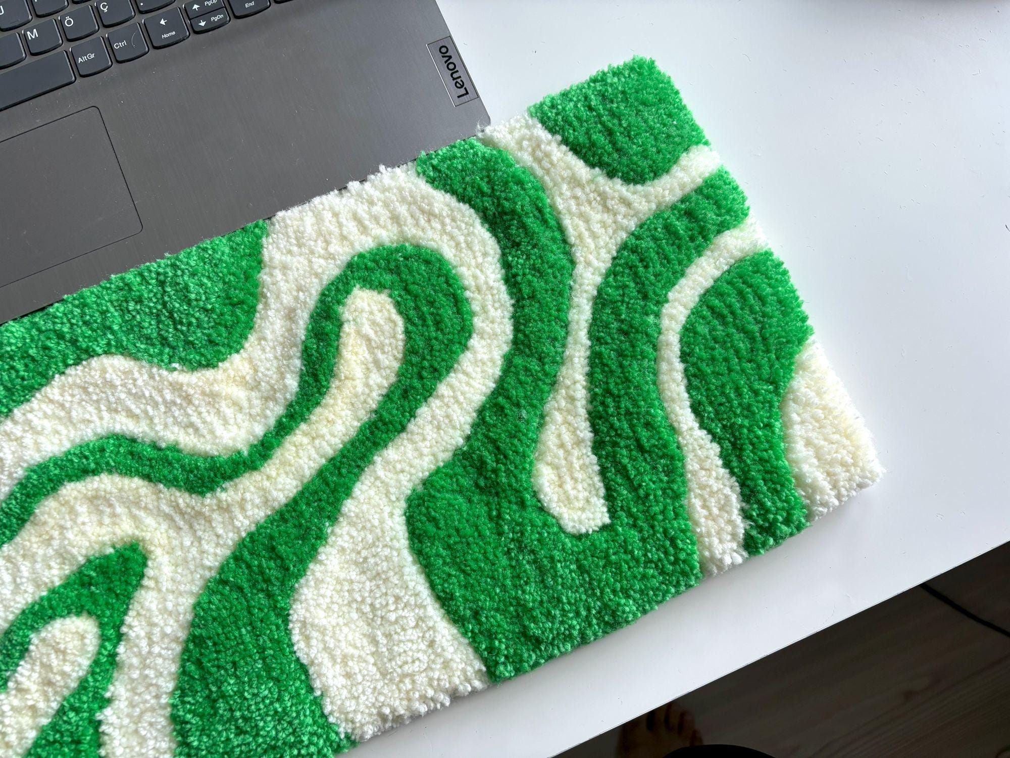 Workdesk Rugs Wavy Green and White Keyboard Rug | Aesthetic Work Desk Rug | Modern ...