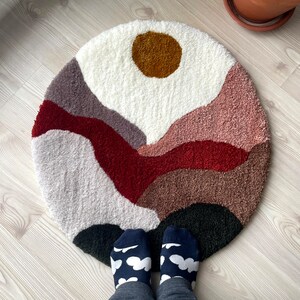 Mid Century Tufted Rug | Handmade Lanscape Tufted Rug | Cool Sunset Rug ...