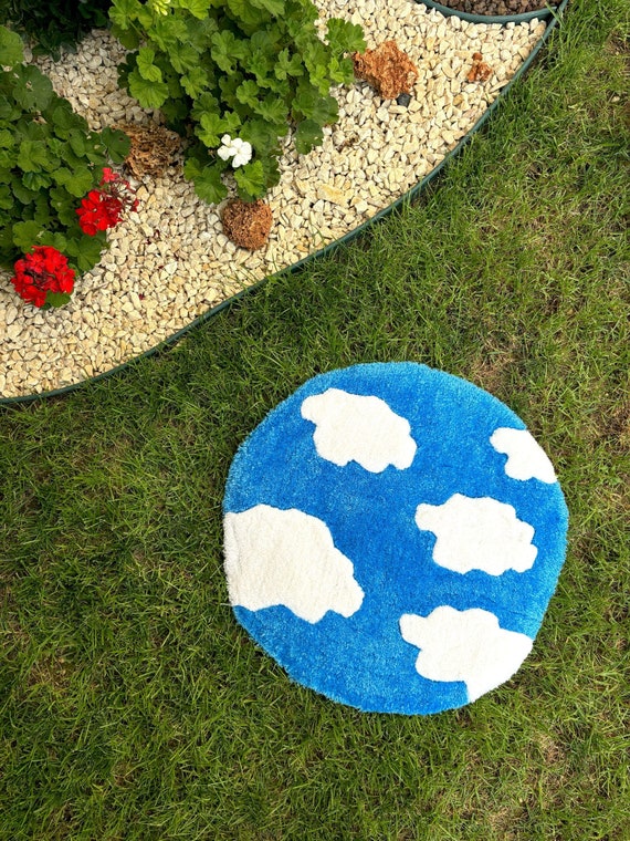 Blue Cloudy Sky Tufted Rug | Custom Cloud Rug | Faux Fur Rug | Fluffy Decor | Colorful Rug | Soft Tufted Mat | Cute Bath Mat | Non Slip Mat