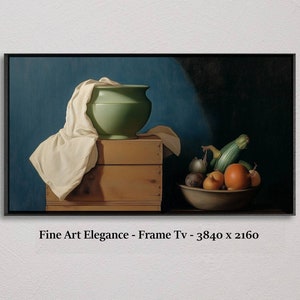 May include: A still life painting featuring a green ceramic pot with a white cloth draped over it, a wooden box, and a bowl of fruit and vegetables. The background is a dark blue.