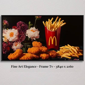 Frites avec fleurs, nature morte, peinture à l'huile, oeuvre d'art pour cadre de télévision, cadre de télévision, toile, cadre tv samsung,