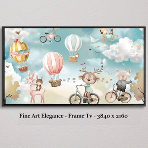 Tv Frame Art, Canva, Riding Bicycles, Cute Cartoon, Children's Wallpaper, Television picture frame, samsung frame tv,